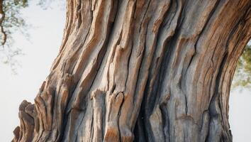 the rough textured bark of an ancient oak tree marked by years o photo