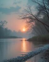 Serene Riverbank at Sunset with Soft Gradient Tones photo