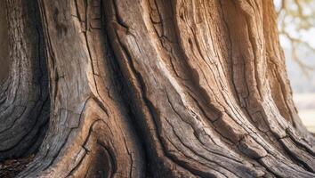 the rough textured bark of an ancient oak tree marked by years o photo