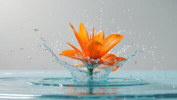 Orange flower splashing in water with dynamic motion photo