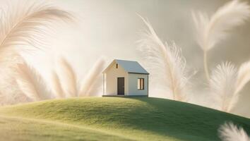 A small house on a hill with tall grass photo