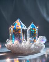 Two crystal houses with colorful lights on them photo