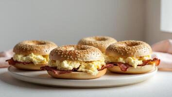 Eggs on a bagel with bacon and cheese photo