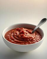 Rich and Thick Tomato Sauce in a White Bowl with Spoon Close Up View photo