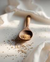 Natural Wooden Spoon with Sesame Seeds Captured in a Simple Yet Elegant Setting photo