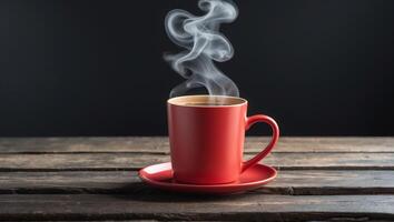 red cup with hot steaming coffee on wooden table on black background with copy space photo