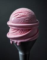 Pink Strawberry Ice Cream Scoop on Black Background photo