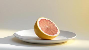 Slice of grapefruit on a white plate on a pastel lemon background photo