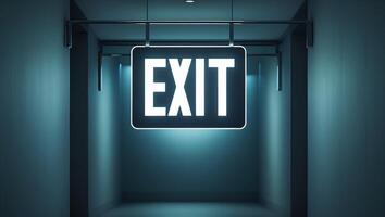 Illuminated exit sign with brackets in dark hallway photo