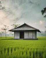 Wooden Hut in Green Rice Fields Under Cloudy Sky photo