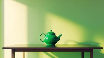 there is a green teapot sitting on a table with a green wall behind it photo
