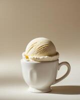 Vanilla ice cream scoop in a white ceramic cup photo