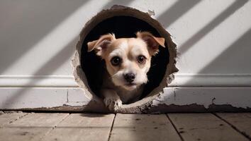 there is a small dog that is looking through a hole in the floor photo