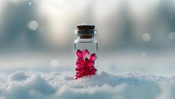 Vial with Red Crystals in a Frosty Landscape photo