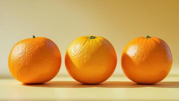 three oranges are arranged in a row on a yellow surface photo
