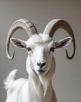 White Goat with Curved Horns in Studio Setting photo