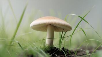 A mushroom is standing in the grass with a green background photo