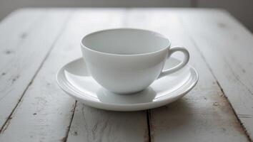 A white cup and saucer on a wooden table photo