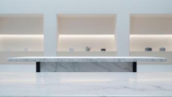A white marble counter with a shelf in the middle photo