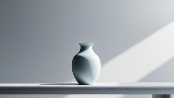 A vase is sitting on a table in front of a wall photo