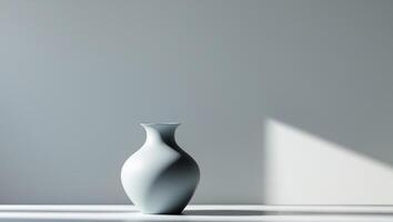 A vase is sitting on a table in front of a wall photo