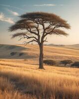 A lone acacia tree in the middle of a field photo