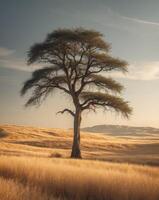 A lone tree stands in the middle of a field photo