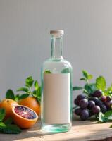 Brown glass bottle with blank label surrounded by fresh fruits and herbs on a wooden surface photo