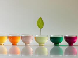 A row of bowls with different colored liquids and a green leaf photo