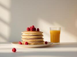 A stack of pancakes with raspberries on top of them photo