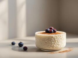 A bowl of rice pudding with blueberries on top photo