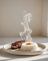 A plate with a steak and rice on it photo