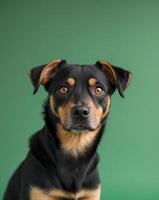 A black and tan dog with brown eyes on a green background photo