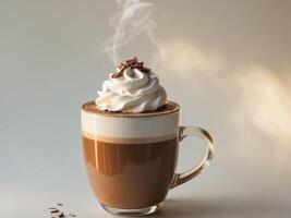 A steaming mug of cappuccino topped with a dollop of whipped cream and a sprinkle of chocolate photo