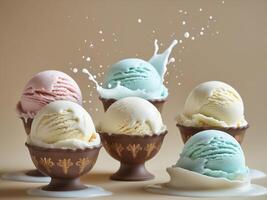 Delicious and Creamy Ice Cream Scoops with Chocolate Cups and Milk Splashes in a Soft and Warm Background photo