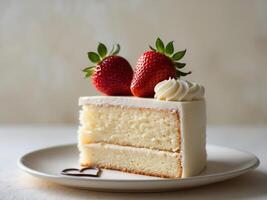 A slice of cake with two strawberries on top and a heart on the side photo