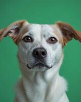 A close up of a dog's face with a green background photo