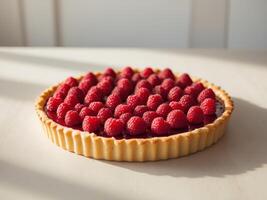 A raspberry tart on a white table photo