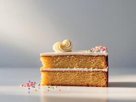A piece of cake with frosting and sprinkles photo