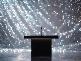 A podium with a microphone in front of a light background photo