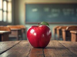 An apple sits on top of a wooden table in front of a classroom photo