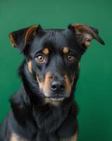 A black and brown dog with a green background photo