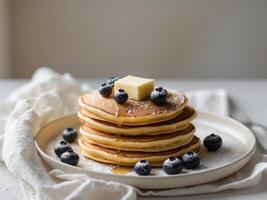 Delicious breakfast pancakes with depth of field showcasing fluffy textures and sweet toppings photo