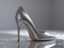 Elegant Silver Glitter Stiletto High Heel Shoe on Shimmering Surface photo