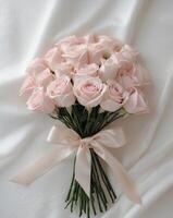 ramo de flores de ligero rosado rosas atado con satín cinta en blanco superficie con texto espacio foto