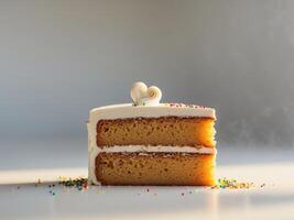 A slice of cake with a heart on top and sprinkles on the side photo