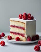 National Raspberry Cake Day Delicious raspberry layer cake slice with fresh berries and powdered sugar for dessert inspiration photo