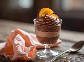 Delightful layered chocolate mousse dessert in a glass cup with caramel topping and peach napkin on rustic wooden table photo