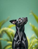 A black dog looking up at the sky with a green background photo