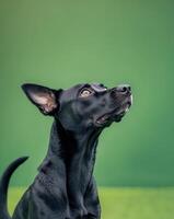 A black dog looking up at the sky with a green background photo